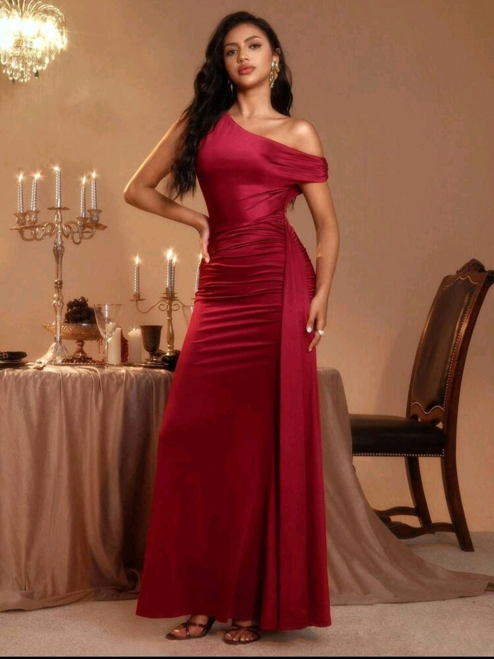 Elegant One-Shoulder Burgundy Evening Gown